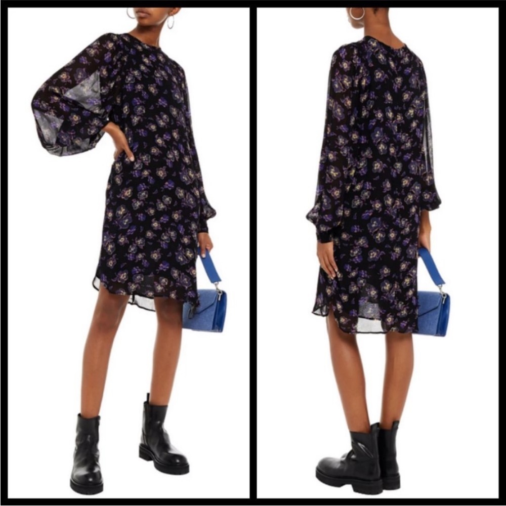 Ganni Black Printed Georgette Long Balloon Sleeve Mini Dress Size 40 NWT